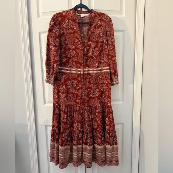 New Veronica Beard Swedie Red rust Floral Cotton Border Print Midi Dress paisley - Picture 9 of 15